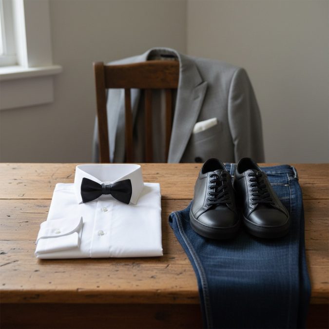 Das weisse Hemd mit Fliege ist perfekt für die Festtage.